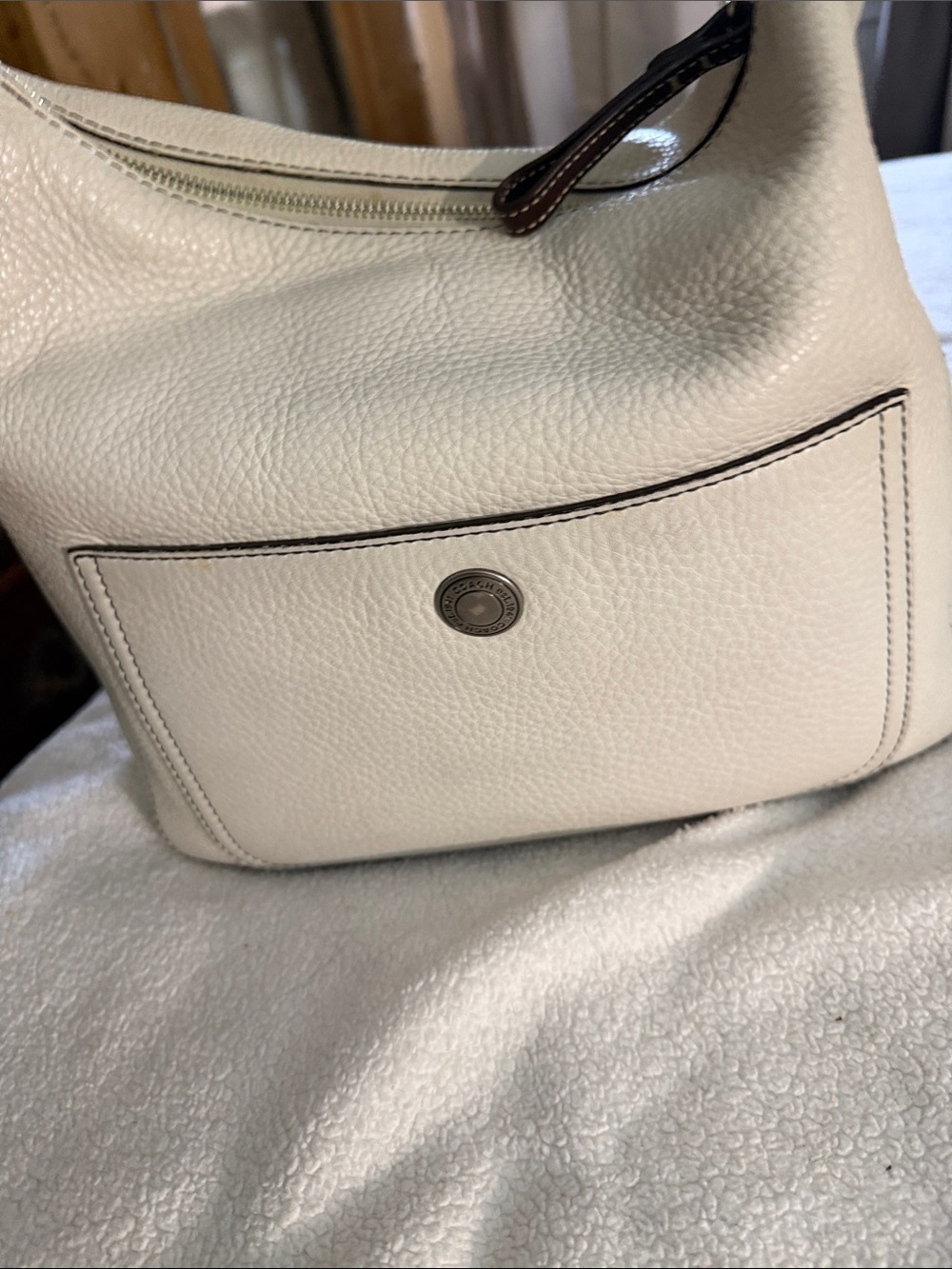 Coach Cream Pebbled Leather Shoulder Bag with Front Pocket